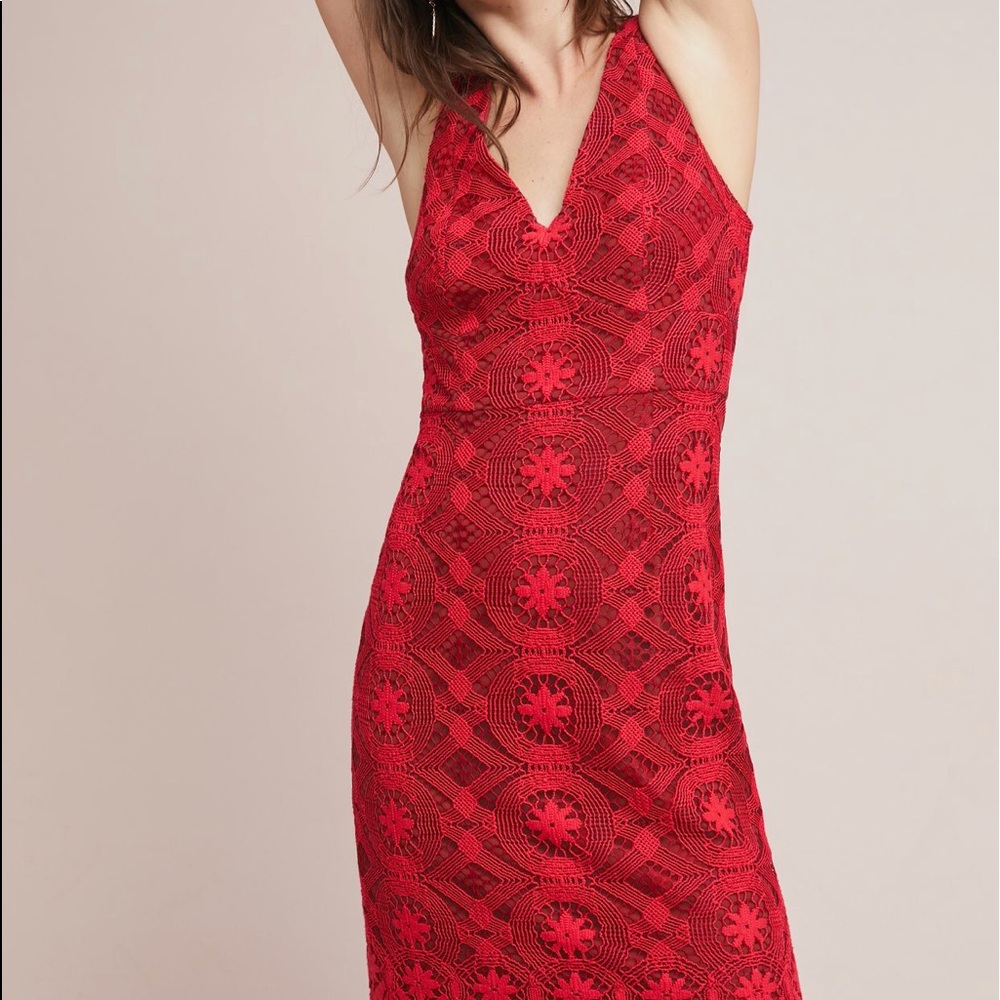 New With Tags Anthropologie Maeve Red Camari Lace Column Dress 4P